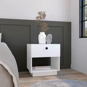 Single Drawer Nightstand 19"H with Open Storage Shelf, White Single Drawer Nightstand 19"H with Open Storage Shelf, White
