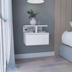 Floating Nightstand 12"H, Wall Mounted with Single Drawer and 2-Tier Shelf, White