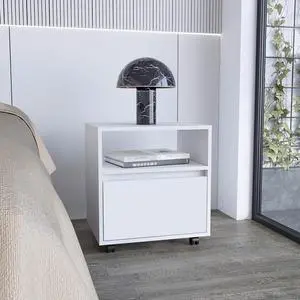 Nightstand 20"H, with One Open Shelf, 1 Drawer and Casters, White Nightstand 20"H, with One Open Shelf, 1 Drawer and Casters, White