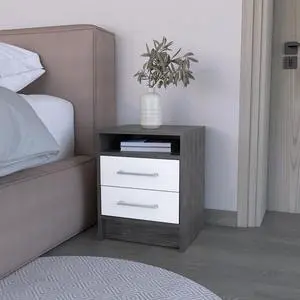 Nightstand Cartiz, Two Drawers, Smokey Oak / White Finish