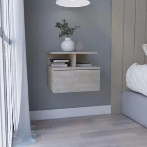 Floating Nightstand 12"H, Wall Mounted with Single Drawer and 2-Tier Shelf, Concrete Gray