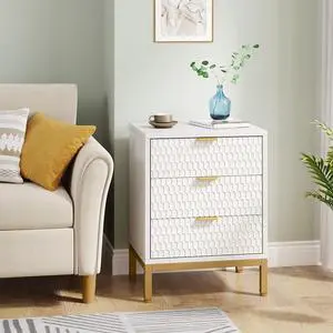 19.7-Inches Modern White and Gold 3-Drawer Nightstand, 25.8" Tall Bedside Table with Storage, Hexagon Pattern Side Table for Bedroom or Living Room, Elegant End Table with Metal Base