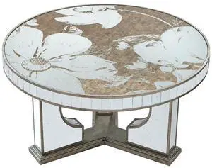 35.5x35.5x19" Round Coffee Table with Elegant Floral Design and Mirrored Silver Finish