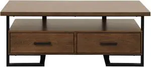 Contemporary Design Unique Frame 1pc Coffee Table with Drawers Walnut Finish Wood and Rustic Black Metal Finish Living Room Furniture