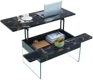 43.3-inch  Lift-Top Coffee Table w/Storage - Black Marble & Tempered Glass (300lb Capacity)  Space-Saving, Multi-Color  For Living Room,Office
