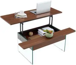 43.3-inch coffee table with lifting function (with storage space) - Combining walnut wood grain with tempered glass (capable of supporting 300 pounds)  Space-saving design, multiple color options
