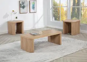 3pc Beautifully Crafted Three-piece Set Natural Charm Warm Wood-inspired Finish Curved Edges Coffee Table Features Hidden Casters Wooden Living Room Furniture