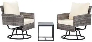 3-Piece Wicker Patio Furniture Set Rattan Swivel Chairs with Coffee Table, Outdoor Seating for Porch, Balcony, Garden (Grey Wicker/Beige Cushions)