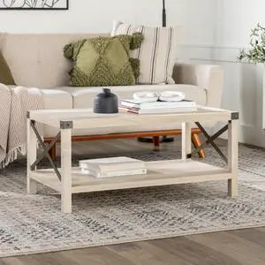 Farmhouse Metal-X Coffee Table with Lower Shelf - White Oak/Bronze