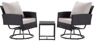 3-Piece Wicker Patio Furniture Set Rattan Swivel Chairs with Coffee Table, Outdoor Seating for Porch, Balcony, Garden (Black Wicker/Gray  Cushions)