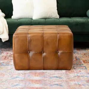 Benjiro Square Tan Leather Ottoman 18"H x 27.5"W x 27.5"D Coffee Table Bench Foot Rest for Living Room