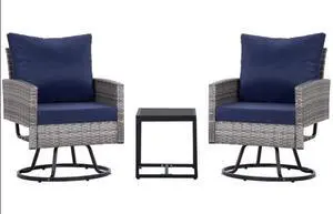 3-Piece Wicker Patio Furniture Set Rattan Swivel Chairs with Coffee Table, Outdoor Seating for Porch, Balcony, Garden (Grey Wicker/Blue  Cushions)