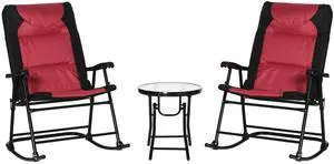 3 Piece Outdoor Patio Furniture Set with Glass Coffee Table & 2 Folding Padded Rocking Chairs, Bistro Style for Porch, Camping, Balcony, Red