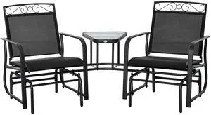 Outsunny Outdoor Glider Chairs with Coffee Table, Patio 2-Seat Rocking Chair Swing with Breathable Sling for Backyard, Garden and Porch, Black