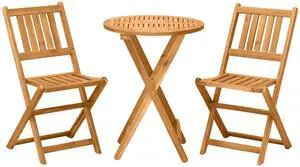Outsunny 3-Piece Acacia Wood Bistro Set, Folding Patio Furniture with 2 Folding Chairs and Round Coffee Table, Teak, Slatted Finish, for Backyard, Balcony, Deck, Natural