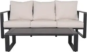 Three-person sofa + rectangular coffee table, light brown cushions YB15052