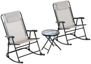 Outsunny 3 Piece Outdoor Rocking Chair Set, Patio Folding Lawn Rocker Set with Glass Coffee Table, Headrests for Yard, Patio, Deck, Backyard, Cream White
