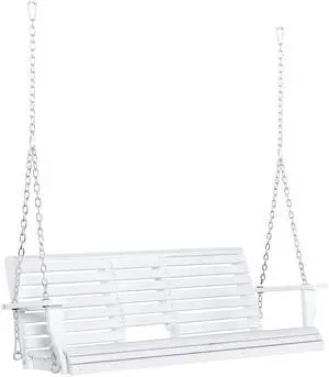 Outsunny 3-Seater Wooden Porch Swing, Patio Swing Bench with Folding Coffee Table, Cup Holders and Chains Included, 440lbs Weight Capacity, White