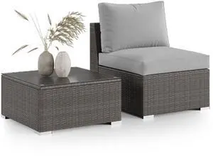 2 Pieces Patio Furniture Sets with Coffee Table PE rattan Water Resistance - Grey