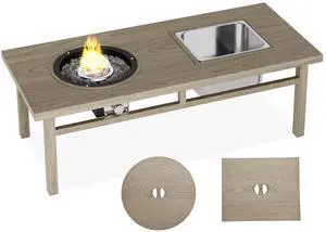 3-in-1 Coffee Table with Ice Bucket and Fire Pit  - Beige