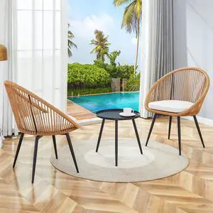 Modern 3-Piece Set: 17.7" Anti-Spill Round Coffee Table + 2 Rattan Swivel Chairs, Outdoor Patio Furniture.Suitable for Various Outdoor Venues.3-piece Set Packaged As A Single Package.W1151P250965