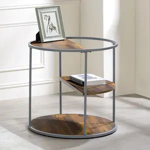 Unique Industrial Style Half Shelves 1pc End Table Gray And Walnut Finish With Three Shelves Powder Coated Frame Coffee Table-Not Included