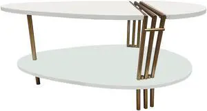 36 Inch Modern Coffee Table, Oval Elliptical Shape, White Mango Wood With Antique Brass