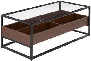 Display Contemporary Coffee Table in Black Metal, Walnut Wood, and Clear Glass by LumiSource