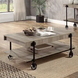 Industrial Style 1pc Coffee Table Open Bottom Shelf Replicate Wood Wheel Legs Slat Design Natural Tone And Black Finish