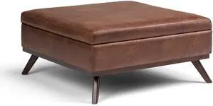 Owen - Square Coffee Table Storage Ottoman - Distressed Saddle Brown