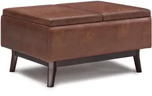 Owen - Tray Top Small Coffee Table Storage Ottoman - Distressed Saddle Brown