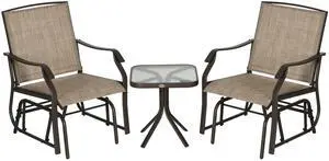 Outsunny 3 Piece Outdoor Glider Chair with Coffee Table Bistro Set, 2 Patio Rocking Swing Chairs with Breathable Sling Fabric, Glass Tabletop, for Backyard, Garden and Porch, Mixed Brown
