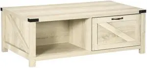 HOMCOM Farmhouse Coffee Table with Storage and Drawer, Rustic Coffee Table for Living Room, Open Shelf, Pale Oak