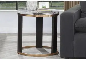 24" Round Icelandic Ivory Faux Marble End Table, Living Room Sofa Side Table with Gold Accent, Brown/Gold