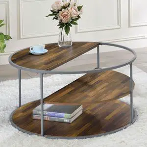 Industrial Style Unique Design Top And Middle Half Shelves Coffee Table Powder Coated Frame With Three Shelves Gray And Walnut Finish End Table-Not Included