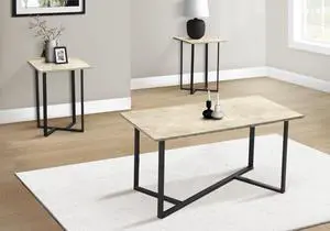 Table Set, 3pcs Set, Coffee, End, Living Room, Cream Stone Laminate, Black Metal, Contemporary, Modern