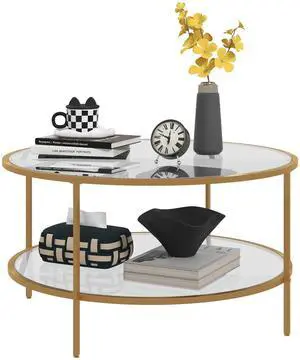 HOMCOM Side Table with Storage, 32" Round End Table, 2-Tier Tempered Glass Coffee Table with Steel Frame for Living Room, Gold
