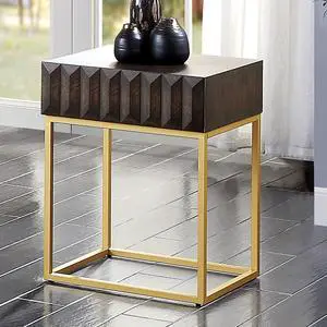 Contemporary Style Side Table Metal Structure Conceal Drawers Gold Steel legs Walnut And Gold Finish Ball Bearing Glides Texture Panel Coffee Table-Not Included