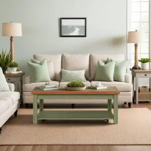 48 inch Coffee Table, No Assembly Required, Sage Green and Fruitwood Finish