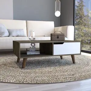 Coffee Table, One Open Shelf, One Drawer, Dark Brown/White
