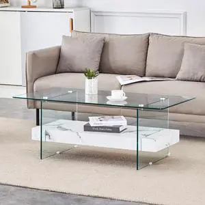 43.3-inch sturdy double-layer coffee table - tempered glass tabletop and table legs, with a load-bearing capacity of 250 pounds, white marble veneer paired with tempered glass -  durable coffee table