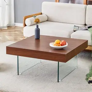 Walnut Colored Square MDF Coffee Table - 31.5"x31.5" with Tempered Glass Legs.Density Board Sticker,Reinforced Glass Legs.Walnut Colored Texture Sticker.