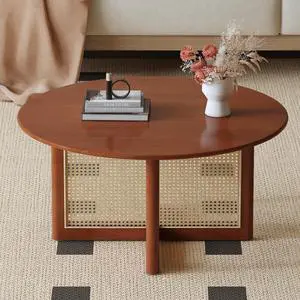 A natural and elegant deep red wooden coffee table with artificial rattan decorations, perfect for a fashionable living room and comfortable tea drinking time.W1151140563