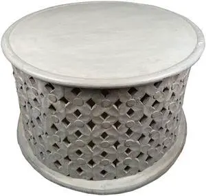 28 Inch Artisanal Round Mango Wood Coffee Table, Intricate Diamond Lattice Cut Out Frame, Washed White