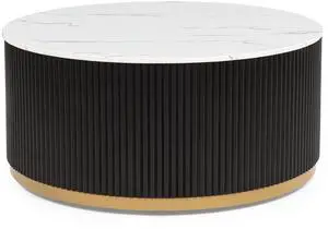 1pc Coffee Table Modern Cocktail Group Luxurious Marble-inspired Top Reeded Base Gold-finished Foundation With Casters Wooden Living Room Furniture