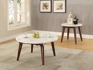 Gasha White Marble Top & Walnut Finish Coffee Table