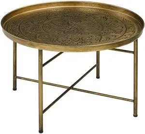 HOMCOM 24" Round Coffee Table with Hammered Tray Top, Vintage Metal Center Table for Living Room, Bedroom, Side Table, Gold