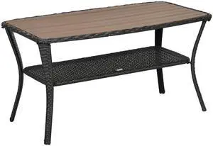 Outsunny Patio PE Rattan Coffee Table with Storage Shelf, Hand-Woven Wicker Outdoor Side Table, 2-Layer Storage Table with Wood-plastic Composite Top, for Garden, Porch, Backyard, Mixed Brown