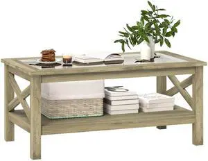 HOMCOM Glass Coffee Table, Modern Farmhouse Center Table with Storage, Side Table for Living Room with Classic X-Bar Style Sides, Gray