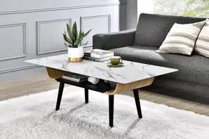 Landon 47" Coffee Table with Glass White Marble Texture Top and Bent Wood Design
